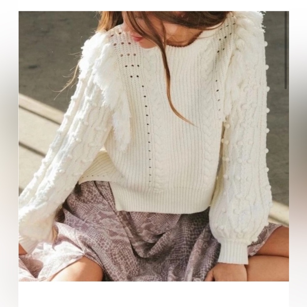 Cleobella White Knit Ivory Pom Pom Fringe Sweater M b2 - Picture 1 of 8